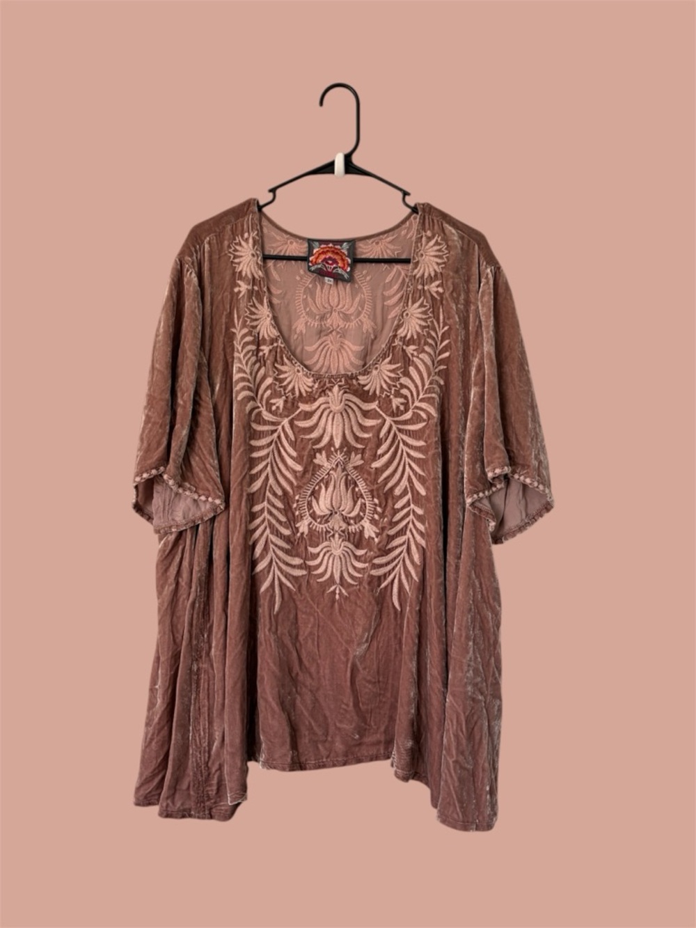 Embroidered Velvet Tunic Top in Dusty Rose
